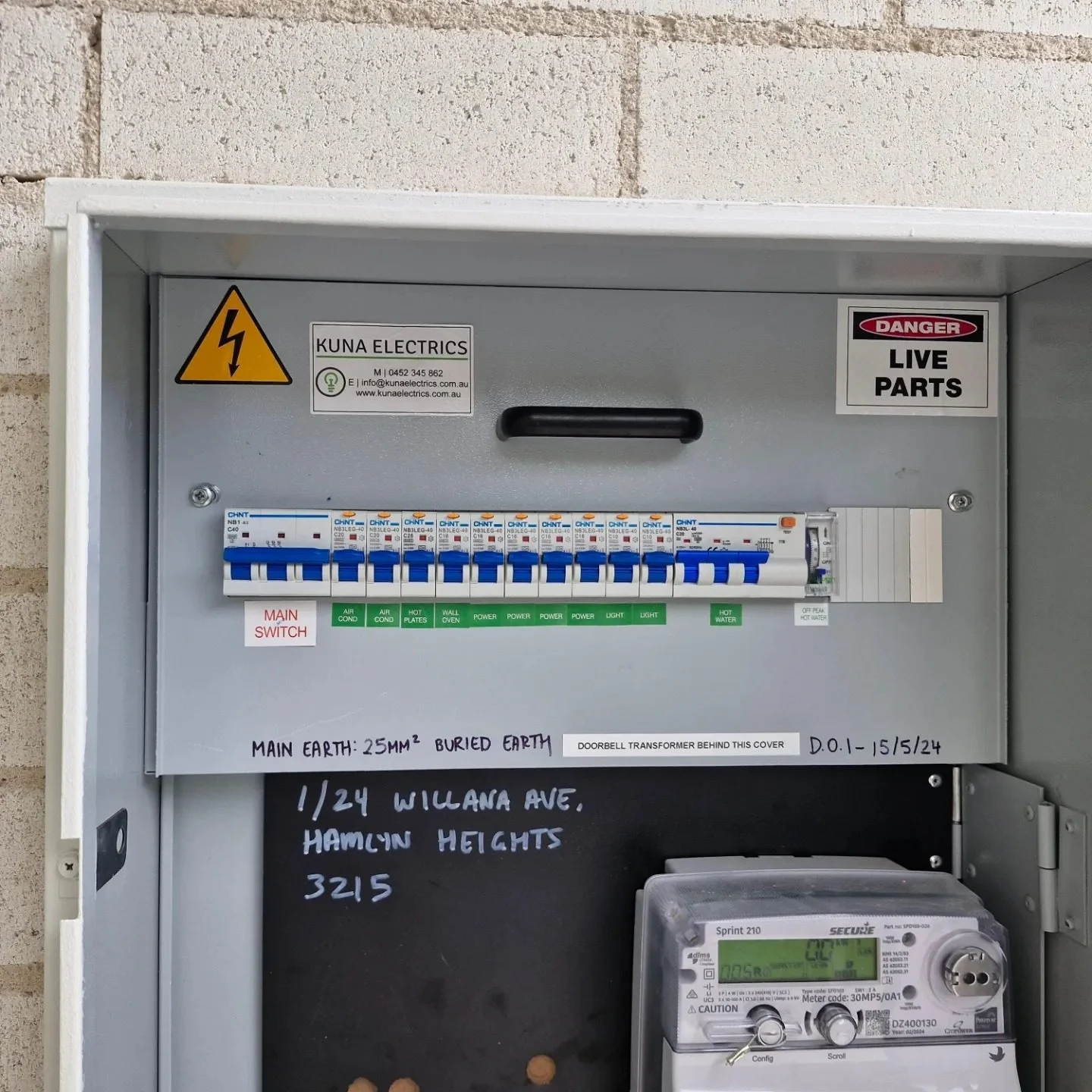 Modern outdoor electrical box fitted with new safety switches and a digital meter for professional Switchboard Upgrades in Geelong.