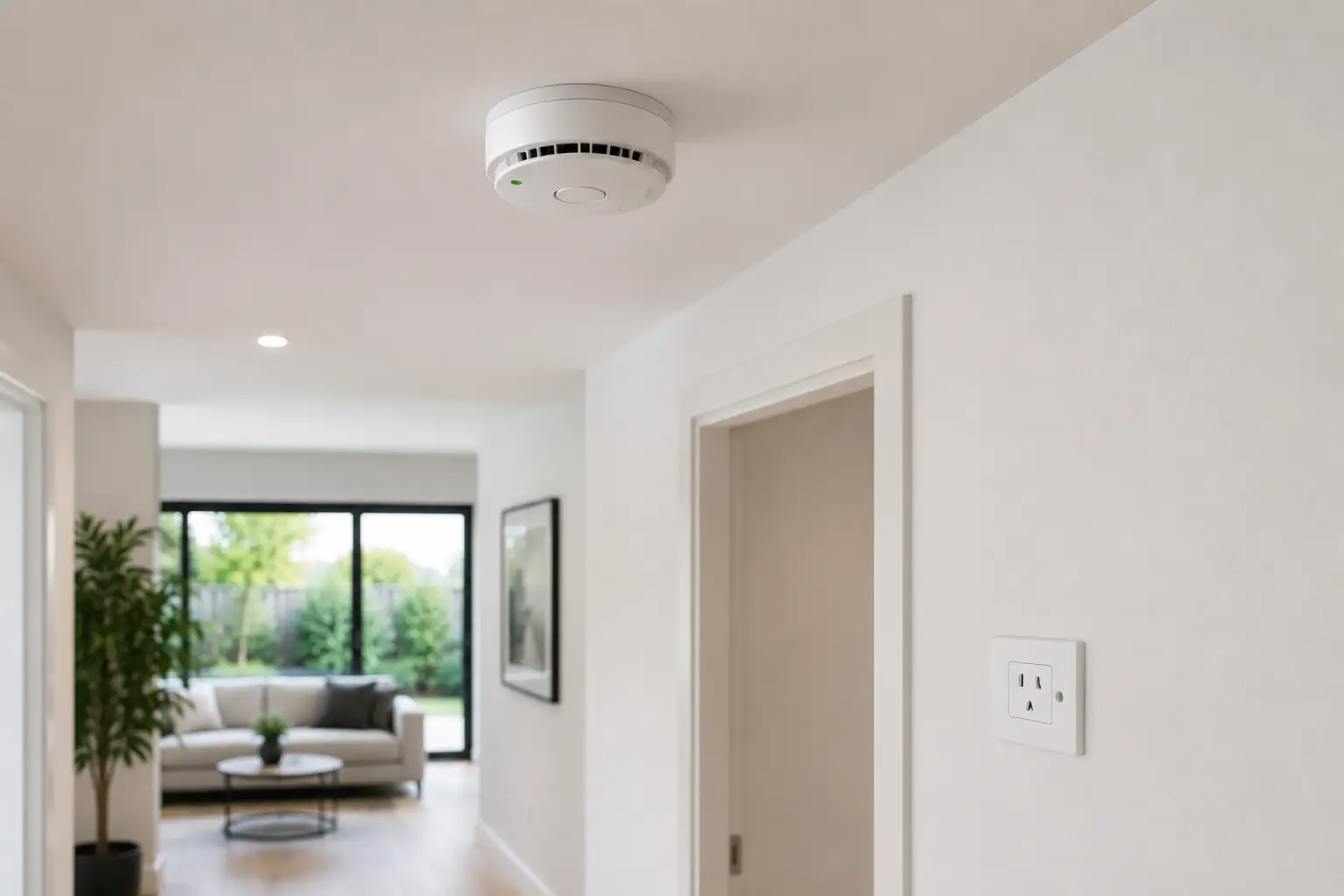 A ceiling-mounted residential smoke detector in a modern hallway, demonstrating proper Smoke Alarm Installation in Geelong