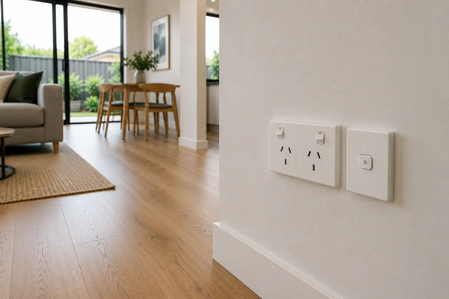 Newly installed wall power outlets and light switch as part of Real Estate Electrical Maintenance Geelong