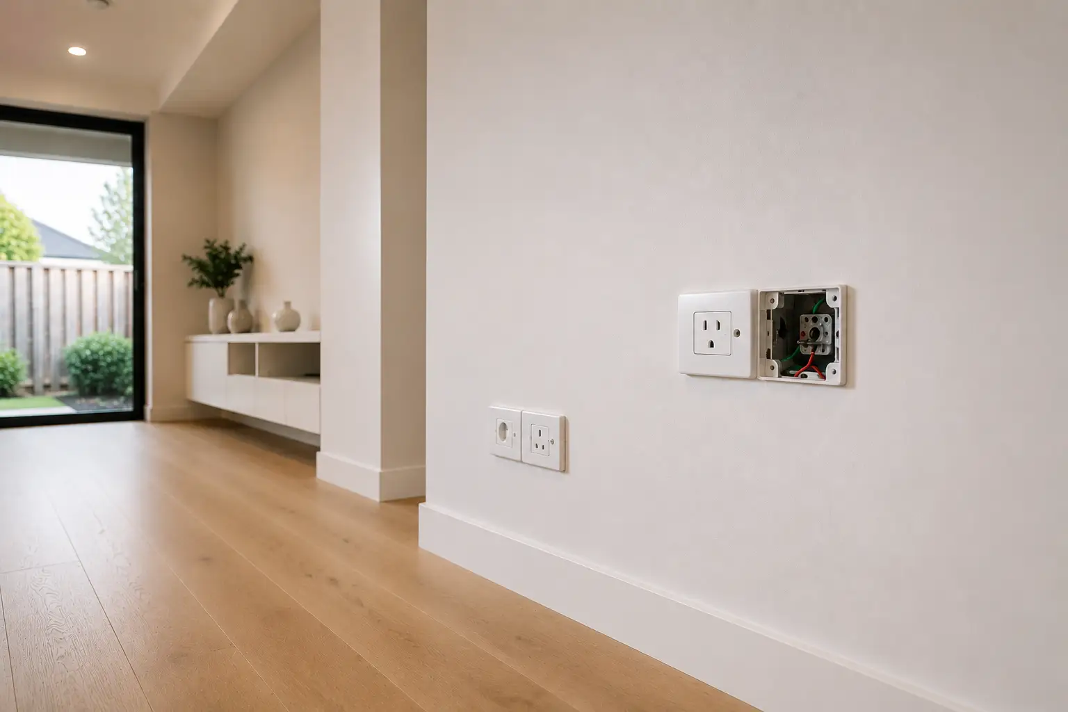 Electrical wall outlets and power sockets installed on a white interior wall in a modern room