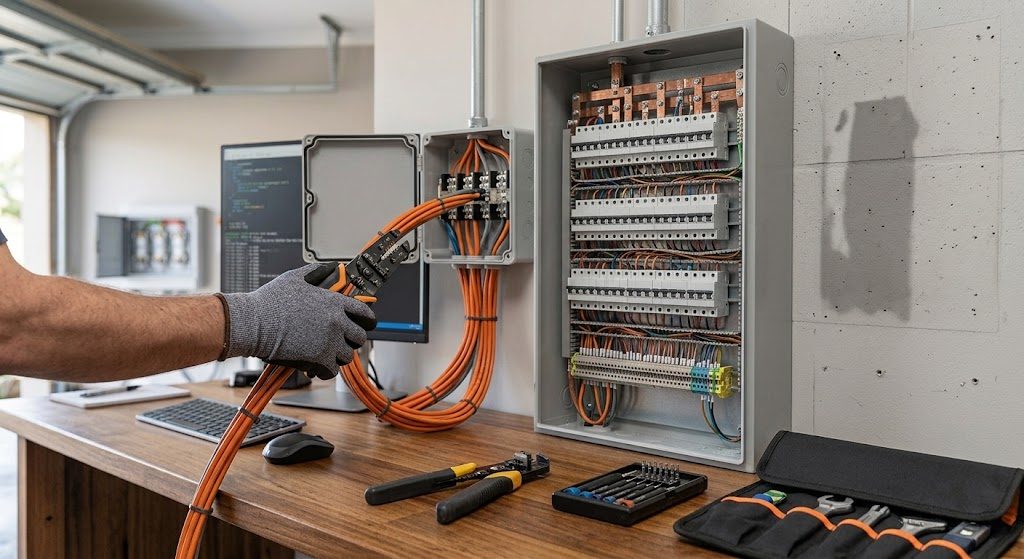 Electrician wiring a modern switchboard with circuit breakers and RCDs for an all-electric Geelong home
